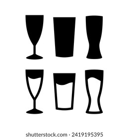 Drink glasses set, black and white icons set