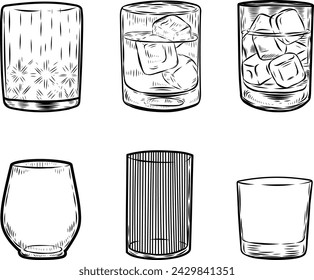 Drink glasses set line drawing illustration.