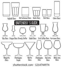 Drink glasses with titles, black and white icons set.