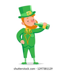 Drink green beer leprechaun saint patrick day celebration clover green traditional wear costume character icon cartoon design vector illustration