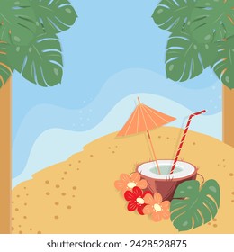 Drink in half coconut with cocktail straw, umbrella inside, flowers and monstera leaf on the beach