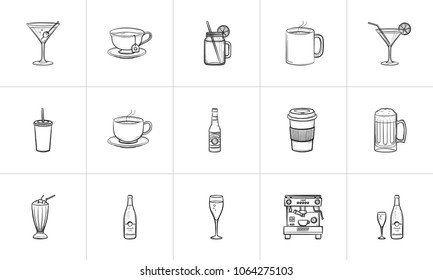 Drink hand drawn outline doodle icon set for print, web, mobile and infographics. Beverage and drink vector sketch illustration set isolated on white background.