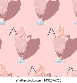 Drink hand drawn vector seamless pattern. Strawberry milkshake texture. Pink and cream on a light background. Kitchen textiles, flyers or menus for cafes, restaurants, pizzerias.