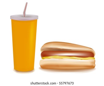 A drink and a hot dog. Vector.