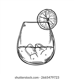 Drink with ice and lemon slice monochrome vector illustration. Cold cocktail, bourbon or brandy in glass shot etching drawing. Citrus iced water sketch for bar menu, cocktail recipe, beverage branding