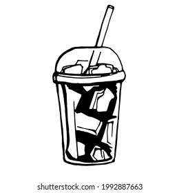 drink with ice in a plastic glass with a straw, vector on a transparent background