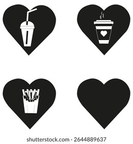 Drink icon. Coffee cup symbol. French fries icon. Vector food heart.