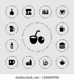 Drink icon. collection of 13 drink filled icons such as bottle, mug, tea cup, cheeseburger, coffee cup, beer mug, teapot. editable drink icons for web and mobile.