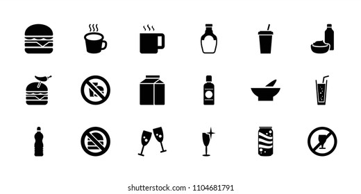 Drink icon. collection of 18 drink filled icons such as bowl, clean wine glass, glasses clink, burger with pepper, cheeseburger, soda. editable drink icons for web and mobile.