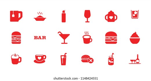 Drink icon. collection of 18 drink filled icons such as baby bottle, no fast food, cocktail, bar, soda, tea cup, milkshake. editable drink icons for web and mobile.