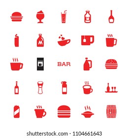 Drink icon. collection of 25 drink filled icons such as milk can, mug, coffee, cleanser, soup, tea, milk glass, burger, soda, milk. editable drink icons for web and mobile.