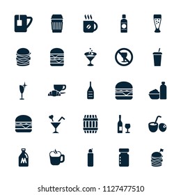 Drink icon. collection of 25 drink filled icons such as milk can, barrel, clean wine glass, coffee, cheeseburger, double burger. editable drink icons for web and mobile.