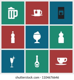 Drink icon. collection of 9 drink filled icons such as cleanser, clean wine glass, tea cup, champagne bottle with heart, tea. editable drink icons for web and mobile.
