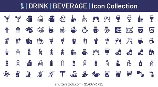 Drink icon collection. Containing cocktail, beer, wine, cold drink, tea, coffee and juice icon. Vector illustration