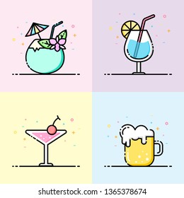 Drink icon collection pastel color in flat line style. The set contain coconut drink, water glass, cocktail and beer mug for social media banner, summer party poster and app icon design.