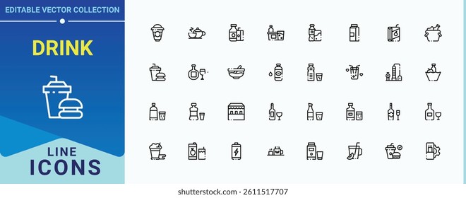 Drink icon. Contains such symbols as cocktail, juice, champagne, beer, drinks and more. Beverage icon set. Thin line icons set. Editable stroke. Vector collection.