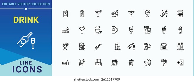 Drink icon. Contains such symbols as cocktail, juice, champagne, beer, drinks and more. Beverage icon set. Thin line icons set. Editable stroke. Vector collection.