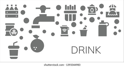 drink icon set. 11 filled drink icons.  Simple modern icons about  - Beer box, Beer tap, Barrel, Kettle, Soda, Champagne, French fries, Orange, Isotonic, Bar