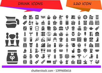 drink icon set. 120 filled drink icons.  Simple modern icons about  - Jug, Tea bag, Beer tap, Kettle, Barrel, Hotel, Fork, Coffee, Coffee cup, Fry, Beer, Cheese, Soda, Paper cup