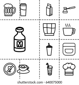 Drink icon. set of 13 outline drinkicons such as drink, cream, milk, cup with heart, chef hat, beer mug, turk, tea