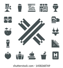 drink icon set. 17 filled drink icons.  Simple modern icons about  - Beer tap, Beer, Coconut water, Churros, Bikini, Sandwich, Coconut, Beer pong, Spaghetti, Coffee, Coffee shop