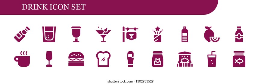  drink icon set. 18 filled drink icons.  Simple modern icons about  - Beer, Tequila, Cup, Martini, Bar, Confetti, Water bottle, Lemons, Bottle, Coffee cup, Wine glass, Burger