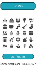 drink icon set. 25 filled drink icons.  Simple modern icons about  - Beer, Burger, Picnic, Milkshake, Snorkel, Cup, Snowboard, Fermentation, Saint Patrick, Beers, Smoothie, Kettle