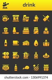 drink icon set. 26 filled drink icons.  Collection Of - Teapot, Fry, Coffee machine, Paper cup, Thermo, Dairy, Coffee, Sake, Beer, Milk, Bartender, Beer bottle, Coffee cup, Cheese