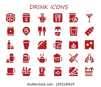  drink icon set. 30 filled drink icons. Simple modern icons about  - Canned food, Tea bag, Kettle, Restaurant, Barrel, Martini, Snack, Bar, Utensils, Milk, Tequila, Plastic bottle