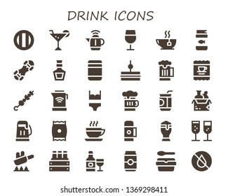 drink icon set. 30 filled drink icons.  Collection Of - Soda, Cocktail, Kettle, Wine glass, Tea, Fish food, Snowboard, Whiskey, Baby food, Sandwich, Beer, Coffee, Brochette, Bikini