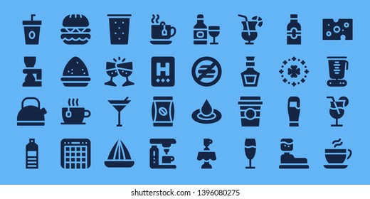 drink icon set. 32 filled drink icons. on blue background style Collection Of - Coffee, Beer, Kettle, Water bottle, Burger, Powder, Cup, Mixer, Drink, Toast, Martini, Juicer, Tea