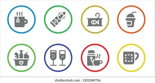 drink icon set. 8 filled drink icons.  Collection Of - Tea, Food, Champagne, Canned food, Thermo, Smoothie, Mug