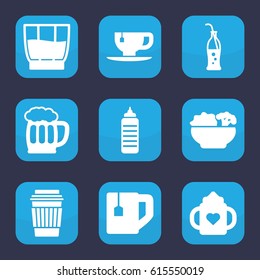 Drink icon. set of 9 filled drink icons such as baby bottle, drink, tea cup, soda bottle, beer mug, food