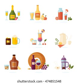 Drink icon set. Alcoholic and non-alcoholic beverages - tea, champagne, lemonade, juice, wine, coffee, cocktails, cider and so. Vector illustration, isolated on white.