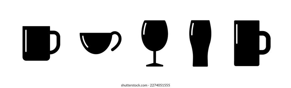 Juego de iconos para beber. Café, taza de té, vaso de vino, vaso de cerveza y taza de cerveza.