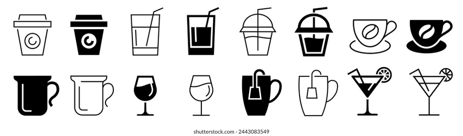 Drink icon set. Coffee, tea, Cocktail, ,water, wine and more. Vector illustration