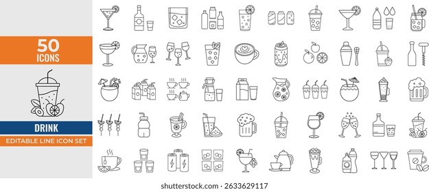Conjunto de Ícones de Bebida - Linha Editável Ícones de Vinho, Coquetéis, Cerveja, Café, Suco, Chá, Leite, Uísque e Mais - Ilustrações de Vetor