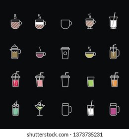 Drink icon set. Included cup, glass, jar, tea-pot. Hot and cold coffee, tea, cocoa, milk, milkshake, juice, fresh, smoothie, lemonade, orange, soda, water, cocktail on black background. Lineart.