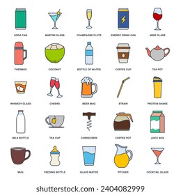 drink icon set, Included icons as Beer Mug, Folder, Tea Pot, Milk Bottle and more symbols collection, logo isolated vector illustration