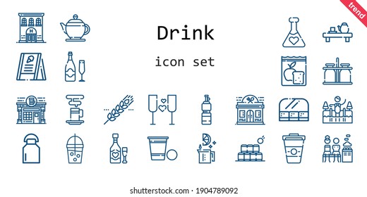 drink icon set. line icon style. drink related icons such as smoothie, potion, restaurant, lime, milk, bottles, mixed, teapot, bottle, menu, cold water, meal, tea, cereal, coffee cup