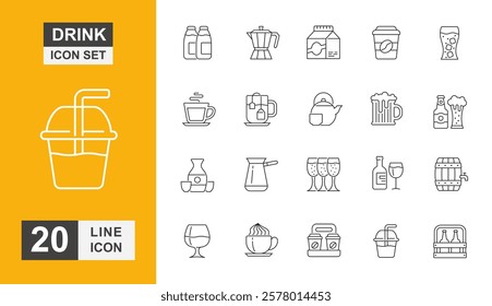 Drink icon set. Milk, coffee, wine, martini, lime and more line icon.