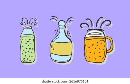 Drink icon set with sketch style glass cup smoothie blender straw fruit mint berry vitamin jar vegan breakfast cold natural refreshment flat illustration healthy summer nutrition sweet

