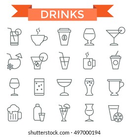 Drink icon set, thin line, flat design