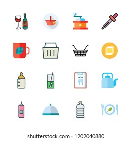 drink icon set. vector set about dinner, cube, water bottle and shopping basket icons set.