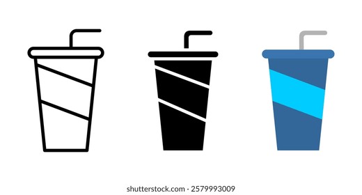 Drink icon. Soda in a takeaway cup sign. Refreshing beverage with straw symbol. Cold soft drink for fast food pictogram. Fizzy cola or juice illustration.