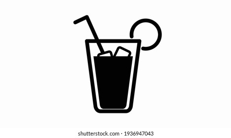 Drink icon. Vector black and white isolated illustration of a glass with liquid, ice cubes and a straw