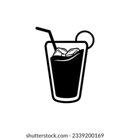 Drink icon. Vector black and white isolated illustration of a glass with liquid, ice cubes and a straw.