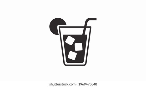 Drink icon. Vector isolated black and white illustration of a glass of drink with ice and straw