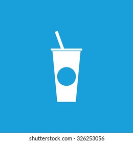 Drink icon, white simple image of fast food drink glass isolated on blue background