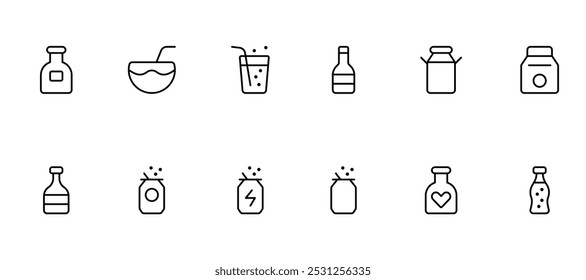 drink icons, coconut water, milk, and soft drinks can icon vector set design with Editable Stroke. Line, Solid, Flat Line, thin style and Suitable for Web Page, Mobile App, UI, UX design.